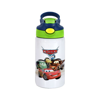 Αυτοκίνητα, Children's hot water bottle, stainless steel, with safety straw, green, blue (350ml)