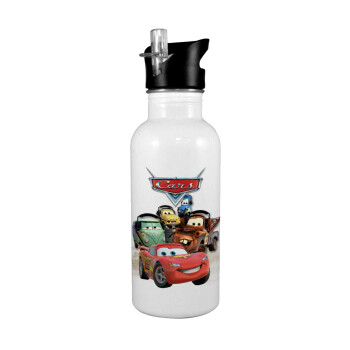 Αυτοκίνητα, White water bottle with straw, stainless steel 600ml