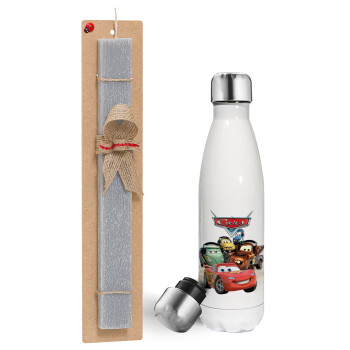 Αυτοκίνητα, Easter candle, metallic white thermos bottle (500ml) & aromatic flat candle (30cm) (GRAY)