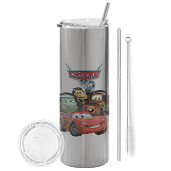 Αυτοκίνητα, Tumbler stainless steel Silver 600ml, with metal straw & cleaning brush