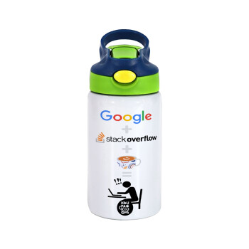 Google + Stack overflow + Coffee, Children's hot water bottle, stainless steel, with safety straw, green, blue (350ml)