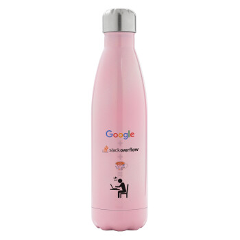 Google + Stack overflow + Coffee, Metal mug thermos Pink Iridiscent (Stainless steel), double wall, 500ml