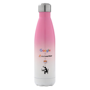 Google + Stack overflow + Coffee, Metal mug thermos Pink/White (Stainless steel), double wall, 500ml