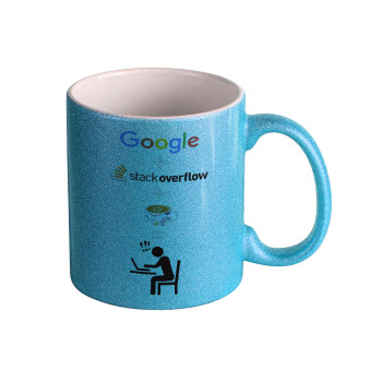 Google + Stack overflow + Coffee, Κούπα Σιέλ Glitter που γυαλίζει, κεραμική, 330ml