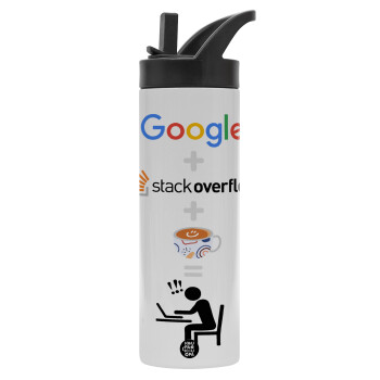 Google + Stack overflow + Coffee, Μεταλλικό παγούρι θερμός με καλαμάκι & χειρολαβή, ανοξείδωτο ατσάλι (Stainless steel 304), διπλού τοιχώματος, 600ml