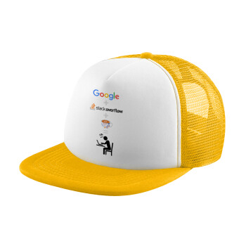 Google + Stack overflow + Coffee, Adult Soft Trucker Hat with Yellow/White Mesh (POLYESTER, ADULT, UNISEX, ONE SIZE)