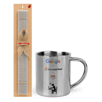 Google + Stack overflow + Coffee, Easter Set, metallic thermal cup (300ml) & Easter aromatic flat candle (30cm) (GRAY)