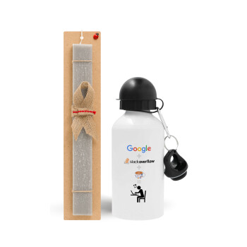 Google + Stack overflow + Coffee, Easter Set, metallic aluminum water bottle (500ml) & aromatic flat Easter candle (30cm) (GRAY)