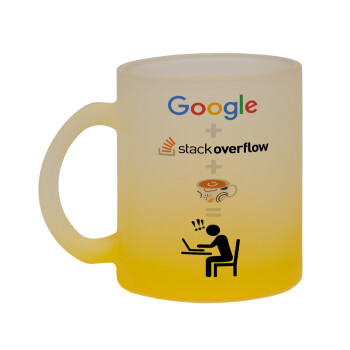 Google + Stack overflow + Coffee, Κούπα γυάλινη δίχρωμη με βάση το κίτρινο ματ, 330ml