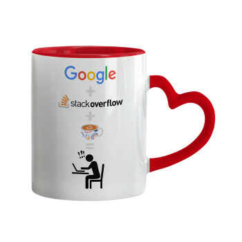 Google + Stack overflow + Coffee, Κούπα καρδιά χερούλι κόκκινη, κεραμική, 330ml