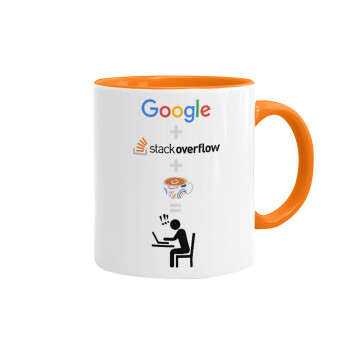 Google + Stack overflow + Coffee, Mug colored orange, ceramic, 330ml