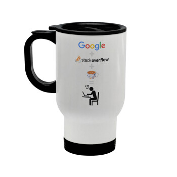 Google + Stack overflow + Coffee, Stainless steel travel mug with lid, double wall white 450ml
