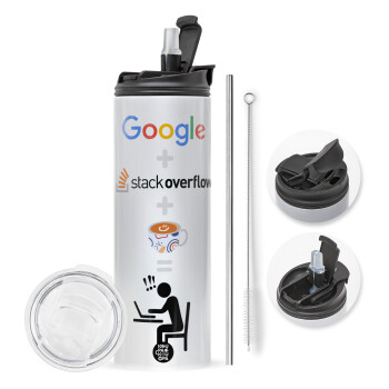 Google + Stack overflow + Coffee, Travel Tumbler θερμό με διπλό καπάκι, μεταλλικό καλαμάκι και βούρτσα καθαρισμού (Ανωξείδωτο 304 Food grade, BPA free, 600ml)