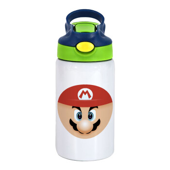 Super mario flat, Children's hot water bottle, stainless steel, with safety straw, green, blue (350ml)
