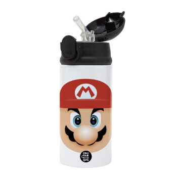 Super mario flat, Children's hot water bottle, stainless steel, with safety straw, Black (360ml) BPA-FREE