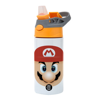 Super mario flat, Children's hot water bottle, stainless steel, with safety straw, Orange/Grey (360ml) BPA-FREE