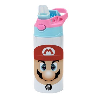 Super mario flat, Children's hot water bottle, stainless steel, with safety straw, Pink/BlueCiel (360ml) BPA FREE