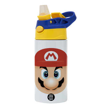 Super mario flat, Children's hot water bottle, stainless steel, with safety straw, green, blue (360ml) BPA FREE