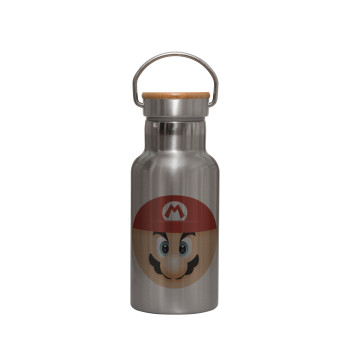 Super mario flat, Stainless steel metallic thermos flask, silver with a bamboo lid, double-walled, 350ml.