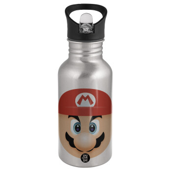 Super mario flat, Water bottle Silver with straw, stainless steel 500ml