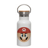 Metallic thermos (Stainless steel) White with wooden lid (bamboo), double-walled, 350ml