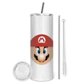 Super mario flat, Tumbler ποτήρι θερμό από ανοξείδωτο ατσάλι 600ml, με μεταλλικό καλαμάκι & βούρτσα καθαρισμού