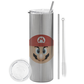 Super mario flat, Eco friendly stainless steel Silver tumbler 600ml, with metal straw & cleaning brush