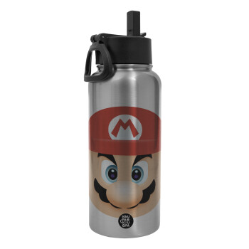 Super mario flat, Μεταλλικό παγούρι θερμός Silver με καλαμάκι και χερούλι (Stainless steel), διπλού τοιχώματος, 950ml