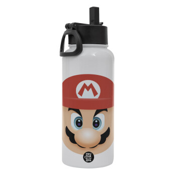 Super mario flat, Metal mug thermo White with Straw and Spout Lid (Stainless steel), double wall, 950ml