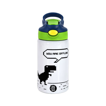 You are offline dinosaur, Children's hot water bottle, stainless steel, with safety straw, green, blue (350ml)