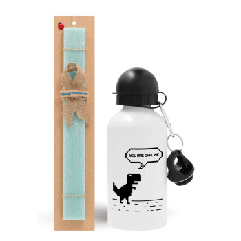 You are offline dinosaur, Easter Set, metallic aluminum water bottle (500ml) & scented flat candle (30cm) (TURQUOISE)