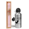 Easter Set, metallic Silver aluminum water bottle (500ml) & scented flat Easter candle (30cm) (PINK)