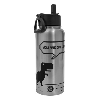 You are offline dinosaur, Metal mug thermo Silver with Straw and Spout Lid (Stainless steel), double wall, 950ml