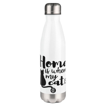 Home is where my cat is!, Metal mug thermos White (Stainless steel), double wall, 500ml