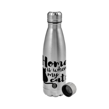 Home is where my cat is!, Metallic water bottle, stainless steel, 750ml