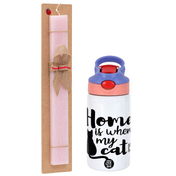 Home is where my cat is!, Easter Set, Children's thermal stainless steel water bottle with safety straw, pink/purple (350ml) & Easter scented flat candle (30cm) (PINK)