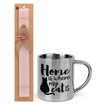 Home is where my cat is!, Easter Set, metallic thermal cup (300ml) & aromatic flat Easter candle (30cm) (PINK)