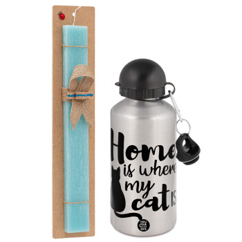 Home is where my cat is!, Easter Set, metallic silver aluminum water bottle (500ml) & scented flat Easter candle (30cm) (TURQUOISE)