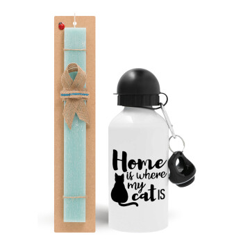 Home is where my cat is!, Easter Set, metallic aluminum water bottle (500ml) & scented flat candle (30cm) (TURQUOISE)