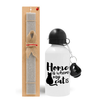 Home is where my cat is!, Easter Set, metallic aluminum water bottle (500ml) & aromatic flat Easter candle (30cm) (GRAY)