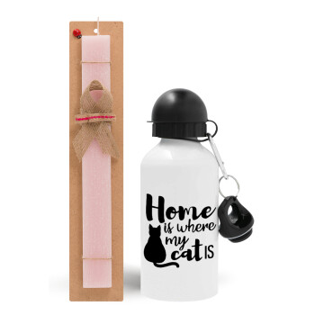 Home is where my cat is!, Easter Set, metallic aluminum bottle (500ml) & aromatic flat Easter candle (30cm) (PINK)