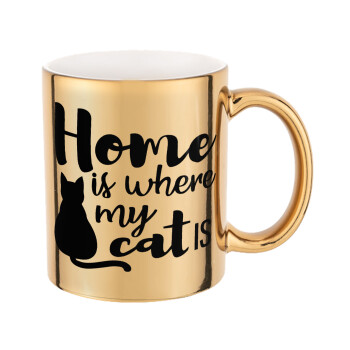 Home is where my cat is!, Κούπα κεραμική, χρυσή καθρέπτης, 330ml