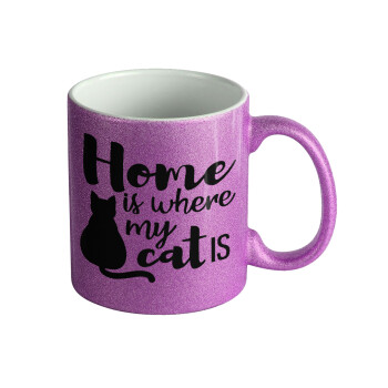 Home is where my cat is!, Κούπα Μωβ Glitter που γυαλίζει, κεραμική, 330ml