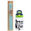 Easter Set, Children's thermal stainless steel bottle with safety straw, green/blue (350ml) & aromatic flat Easter candle (30cm) (TURQUOISE)