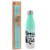 Easter Set, Metallic green/white thermos (Stainless steel), double-walled, 500ml & scented flat Easter candle (30cm) (TURQUOISE)