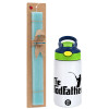 Easter Set, Children's thermal stainless steel bottle with safety straw, green/blue (350ml) & aromatic flat Easter candle (30cm) (TURQUOISE)