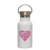 Metallic thermos (Stainless steel) White with wooden lid (bamboo), double-walled, 350ml