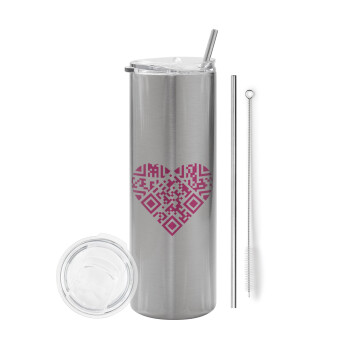 Heart hidden MSG, try me!!!, Eco friendly ποτήρι θερμό Ασημένιο (tumbler) από ανοξείδωτο ατσάλι 600ml, με μεταλλικό καλαμάκι & βούρτσα καθαρισμού