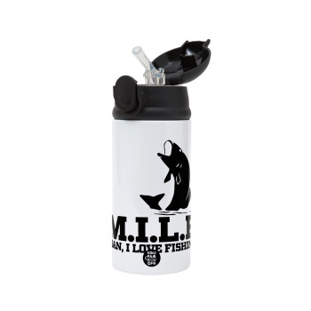 M.I.L.F. Mam i love fishing, Children's hot water bottle, stainless steel, with safety straw, Black (360ml) BPA-FREE