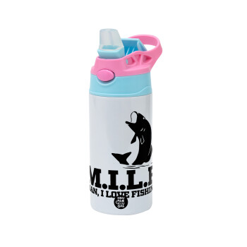 M.I.L.F. Mam i love fishing, Children's hot water bottle, stainless steel, with safety straw, Pink/BlueCiel (360ml) BPA FREE